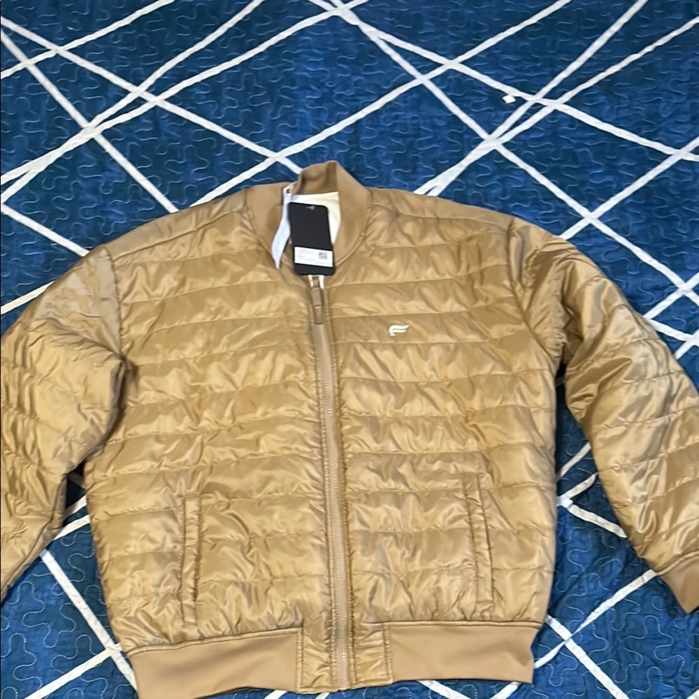Fabletics Tan Bomber Jacket with Stand-Up Collar and Quilted Design